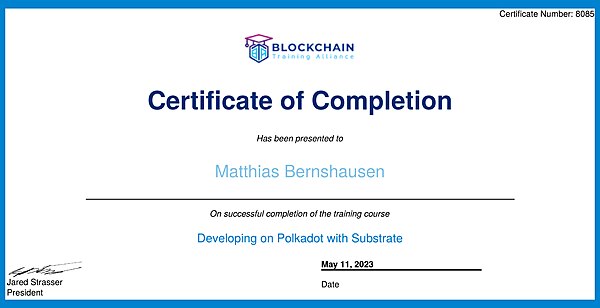 Urkunde Blockchain Training Alliance